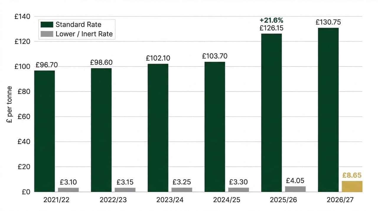 Grouped bar chart showing UK landfill tax standard and lower rates from 2021/22 to 2026/27 — standard rate rose 21.6% from £103.70/t in 2024/25 to £126.15/t in 2025/26, the largest single-year increase in the tax's history, reaching £130.75/t in 2026/27; the lower inert rate more than doubles from £4.05/t to £8.65/t in April 2026 following the HMRC Autumn Budget announcement