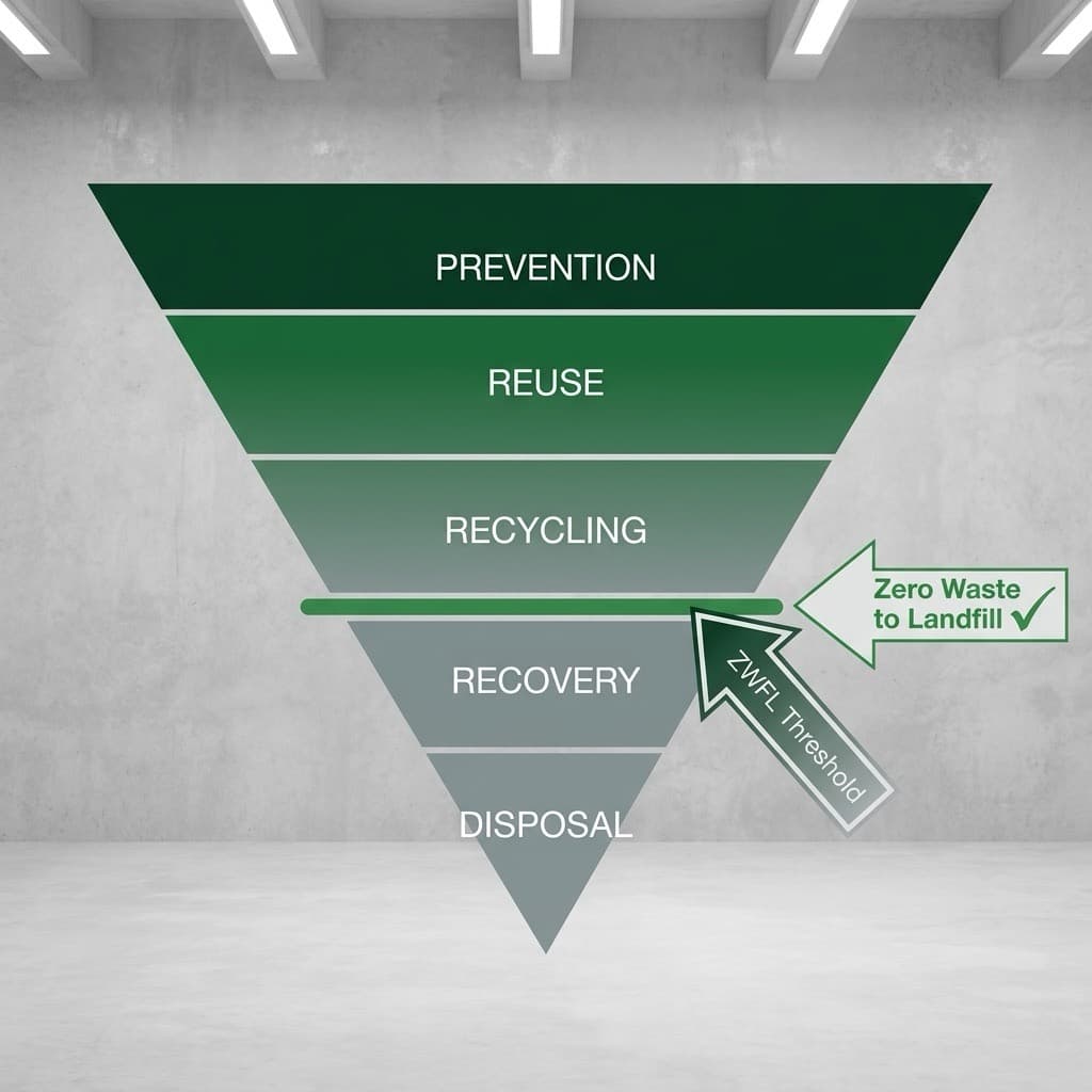 UK waste hierarchy pyramid showing five tiers from Prevention at top to Disposal at bottom — Zero Waste to Landfill certification requires diversion at the Recycling, Recovery, and Reuse levels, eliminating the Disposal tier entirely