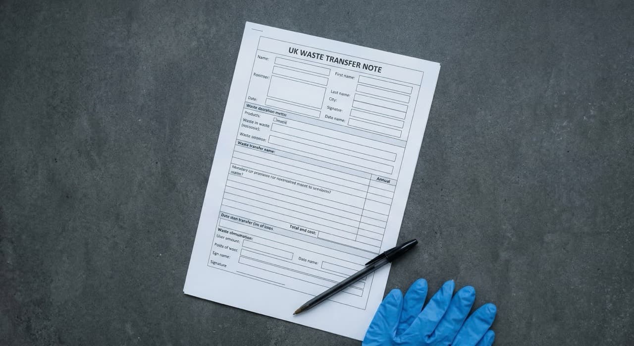 UK waste transfer note document on industrial surface — UK waste generators are legally required to retain completed waste transfer notes for a minimum of two years under the Environmental Protection Act 1990 Duty of Care, with failure constituting a criminal offence