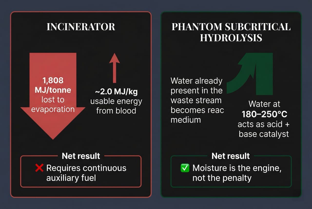 Diagram comparing energy penalty of incinerating high-moisture wet waste versus PHANTOM subcritical water hydrolysis efficiency