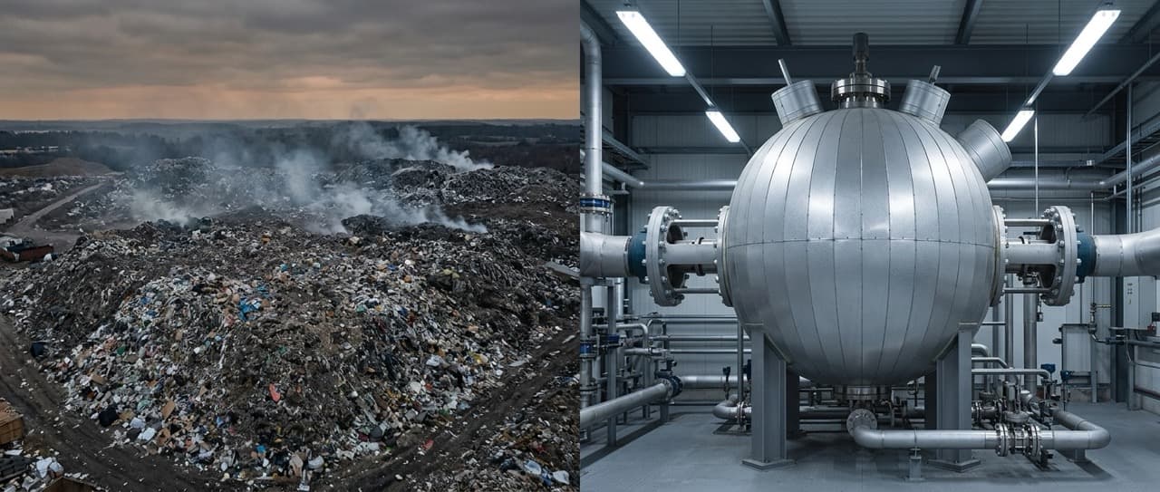 A split-field hero image: a smouldering industrial landfill on the left contrasted with a clean PHANTOM subcritical water hydrolysis vessel inside a modern processing facility on the right — the visual argument for zero-emission industrial waste treatment.