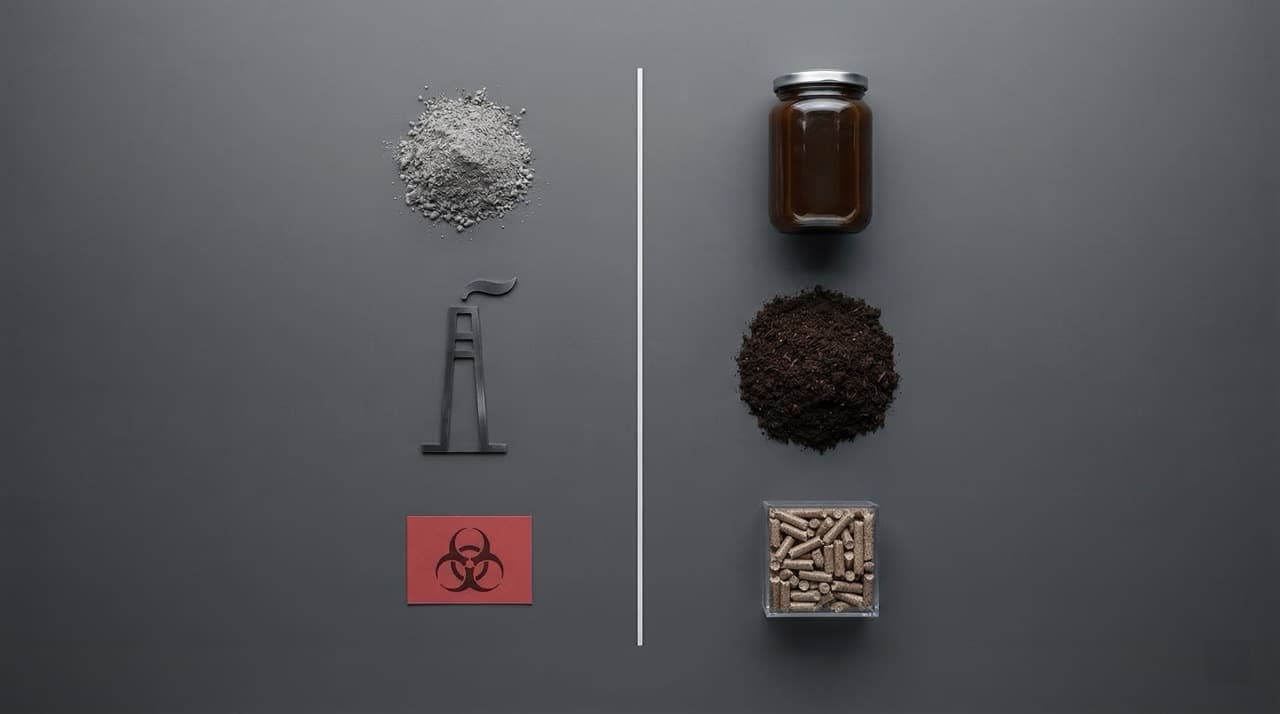 Overhead flat-lay comparing two waste treatment outcomes: on the left, toxic ash and smokestack residue representing incineration by-products; on the right, liquid fertiliser, dark compost, and fuel pellets representing the circular outputs of subcritical water hydrolysis — illustrating the difference between Zero Waste to Landfill and Zero-Emission Treatment.