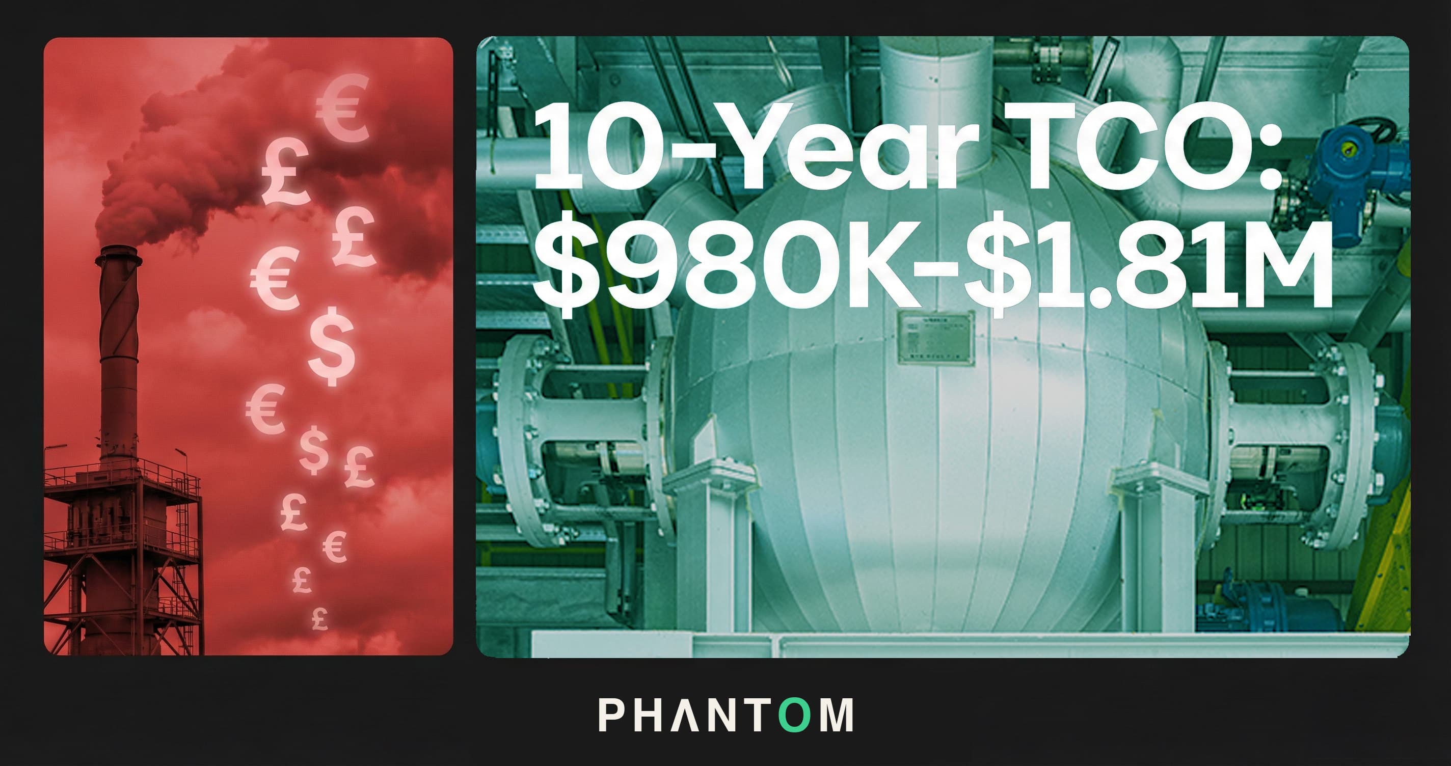 Side-by-side comparison: medical waste incinerator stack vs. Phantom 3M3 subcritical water hydrolysis vessel — 10-year total cost of ownership analysis