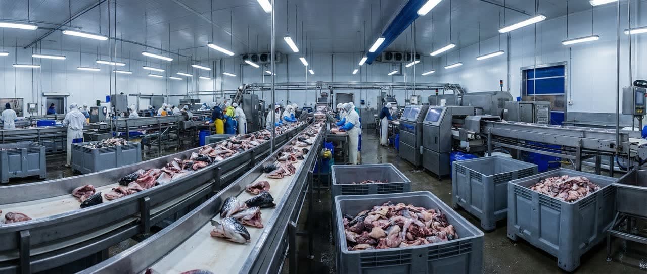 Fishery processing facility generating high-moisture fish waste byproducts requiring advanced treatment