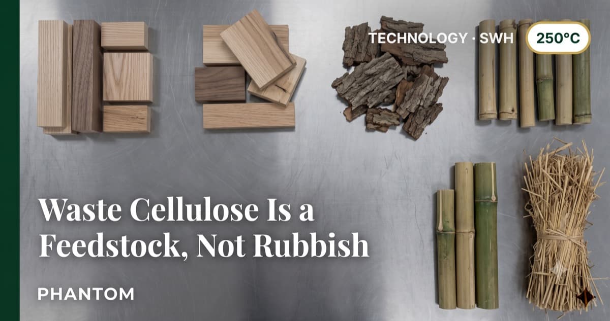 Overhead flat-lay of clean cellulosic feedstock — untreated timber offcuts, bark, cut bamboo, and dry straw on a stainless surface — the waste streams subcritical water saccharification converts into a glucose-rich bioethanol feedstock.