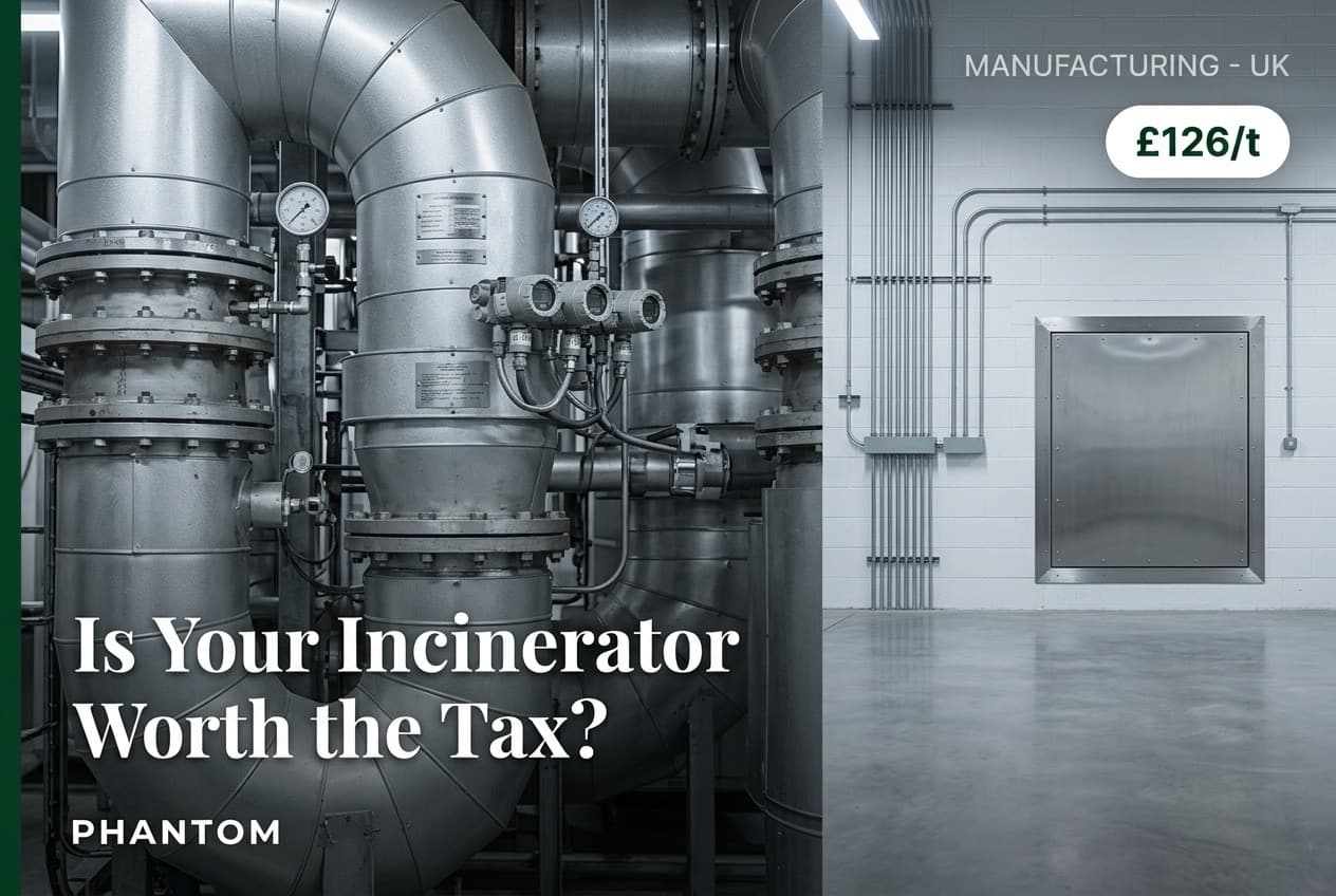 Industrial energy-from-waste chimney stack against overcast sky with carbon cost data overlay — representing the UK ETS compliance burden hitting waste incineration operators from 2028, adding £55–£65 per tonne to current EfW gate fees