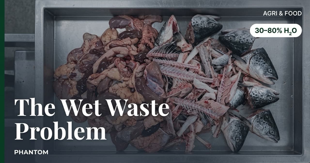 Commercial fishery processing facility interior showing high-moisture fish waste byproducts on conveyor and processing tables