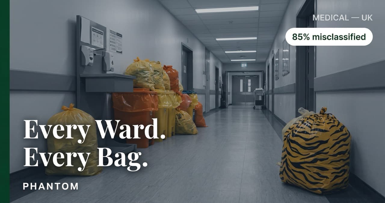 Hospital service corridor with stacked yellow and orange clinical waste bags — scale of single-use plastic waste generation in healthcare settings