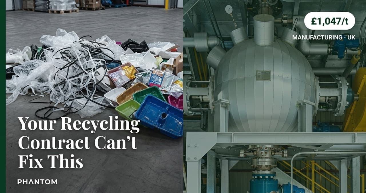 Industrial mixed plastic waste bales on factory floor showing thermoset offcuts, HDPE containers, and polymer composites that defeat conventional mechanical recycling