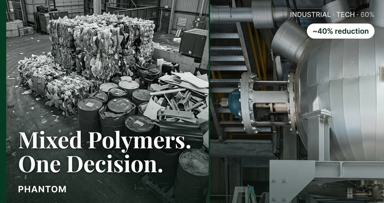Split image: industrial mixed plastic waste bales (left) versus PHANTOM subcritical water hydrolysis pressure vessel processing mixed streams (right)
