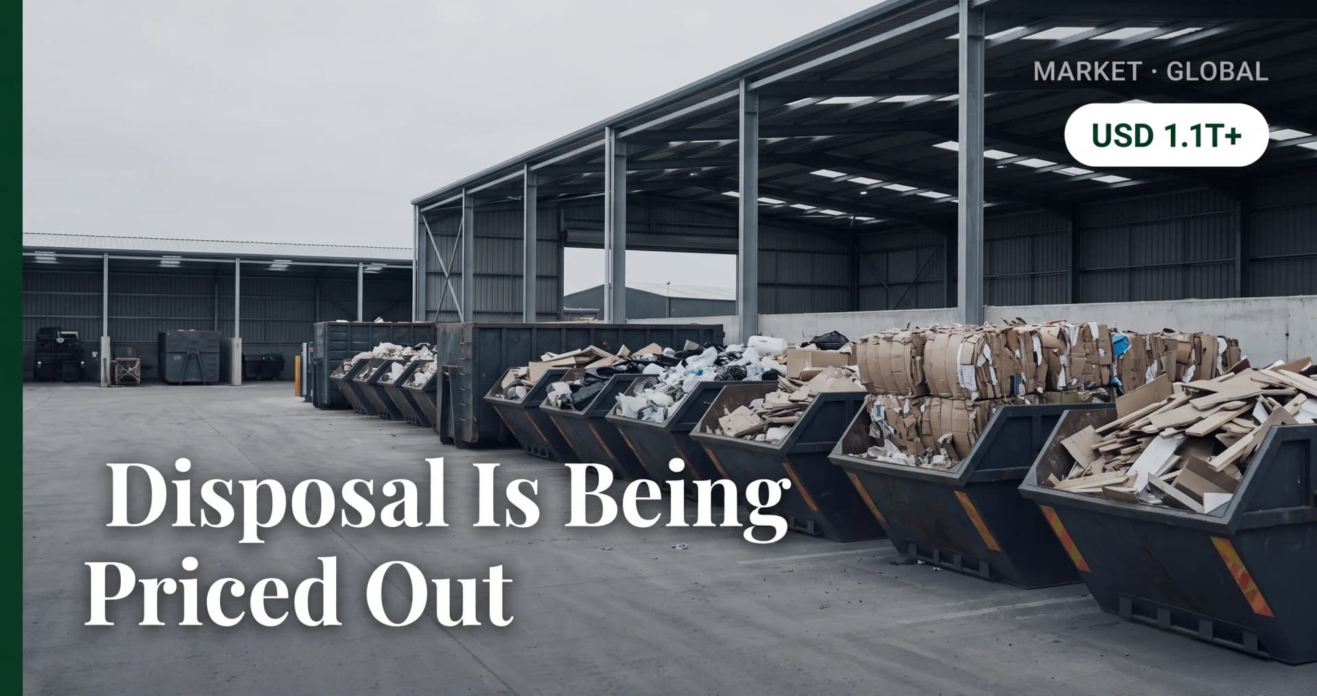 Interior of an industrial waste transfer station with sorted bays of mixed commercial and industrial waste under overhead steel roofing — the physical scale of the global industrial waste treatment market that is shifting from landfill and incineration toward resource recovery.