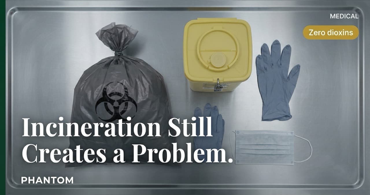 Overhead flat-lay of clinical infectious waste — sealed red biohazard bag, yellow sharps container, and PPE on stainless steel surface