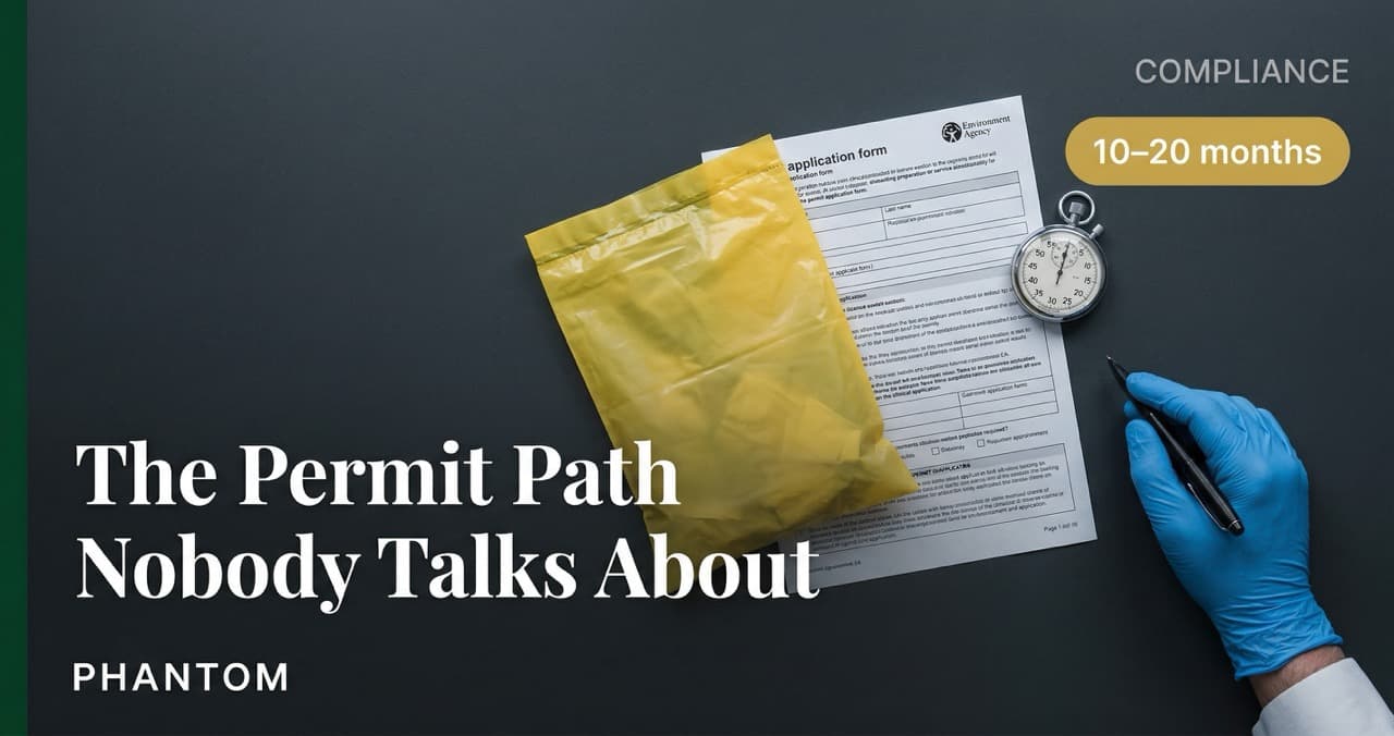IStAATT Level III permit application documents and yellow clinical waste bag — overhead flat-lay, PHANTOM EcoTech