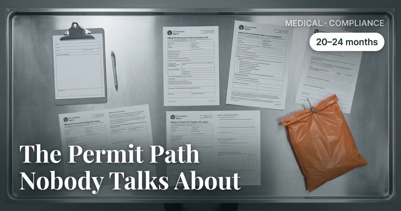 EA environmental permit application documents and orange clinical waste bag on stainless steel — overhead flat-lay representing the two physical objects a UK healthcare operator must manage to achieve compliant on-site clinical waste treatment authorisation