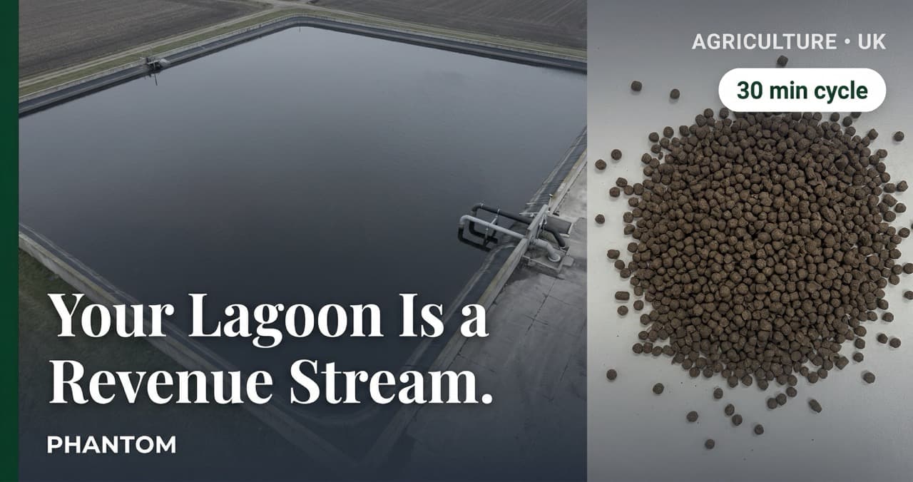 Livestock slurry lagoon versus processed organic fertilizer — PHANTOM subcritical water hydrolysis converts manure to high-value fertilizer in 30 minutes