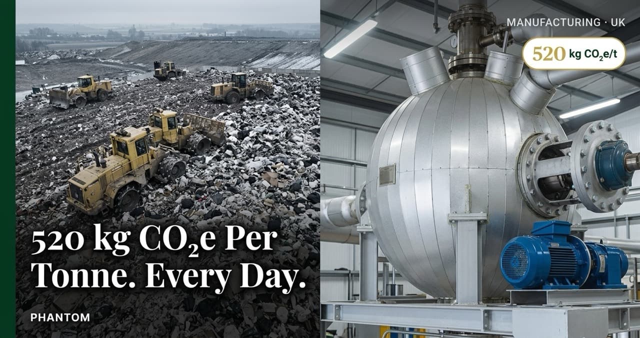 PHANTOM organic waste treatment machine inside clean industrial facility, contrasted against industrial landfill — carbon footprint comparison for manufacturing waste disposal