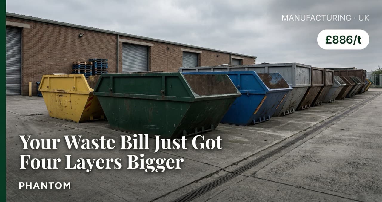 UK manufacturing facility waste bay with mixed-stream disposal skips — EPR, landfill tax, and compliance cost environment for industrial waste operators