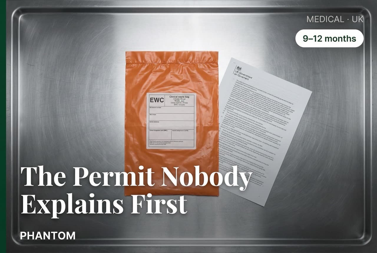 Colour-coded clinical waste bags on trolleys in a UK hospital waste management bay, showing the orange and tiger-stripe segregation system that determines on-site treatment eligibility under HTM 07-01