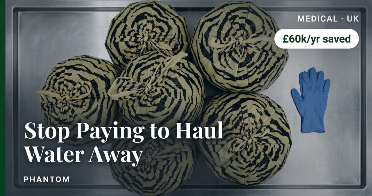 Overhead flat-lay of sealed yellow-and-black tiger-stripe offensive waste bags on stainless steel, representing the incontinence waste stream in a UK care home generating 1–2 tonnes per week