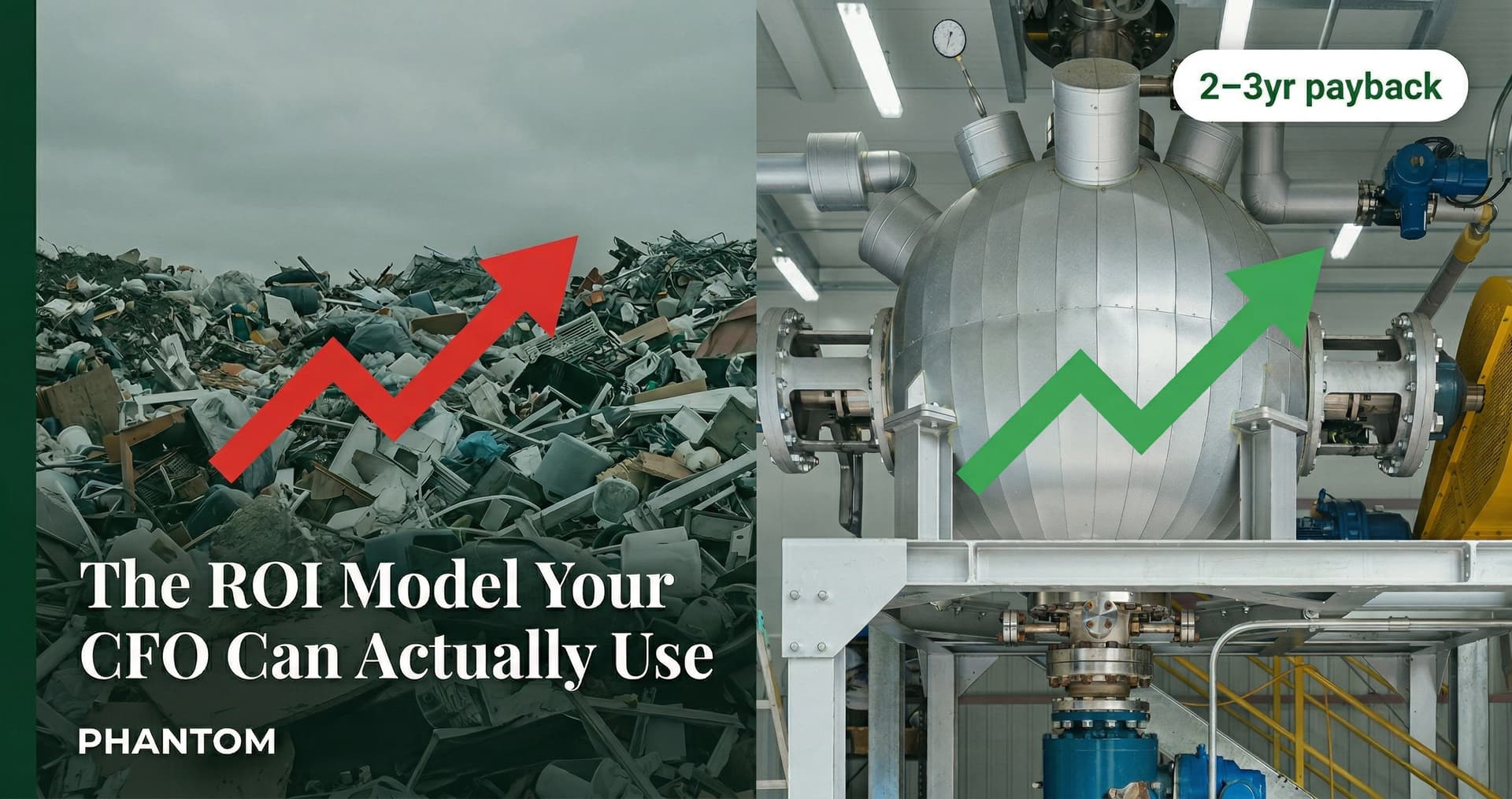Split comparison showing industrial landfill disposal costs on the left versus PHANTOM subcritical water hydrolysis system ROI on the right — CFO guide to industrial waste processing machine payback