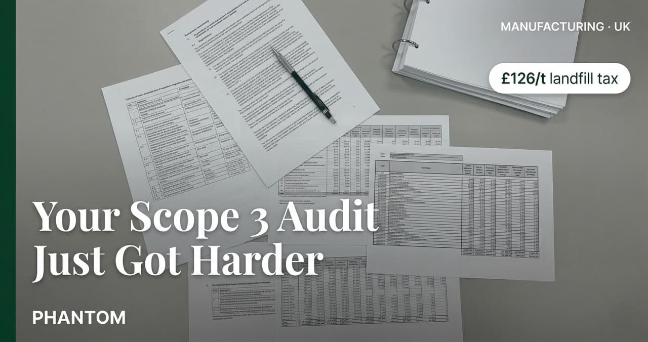 Compliance documents on industrial desk — DEFRA greenhouse gas conversion factors and waste transfer notes representing the activity-based audit trail CBAM and CSRD auditors require from UK manufacturers