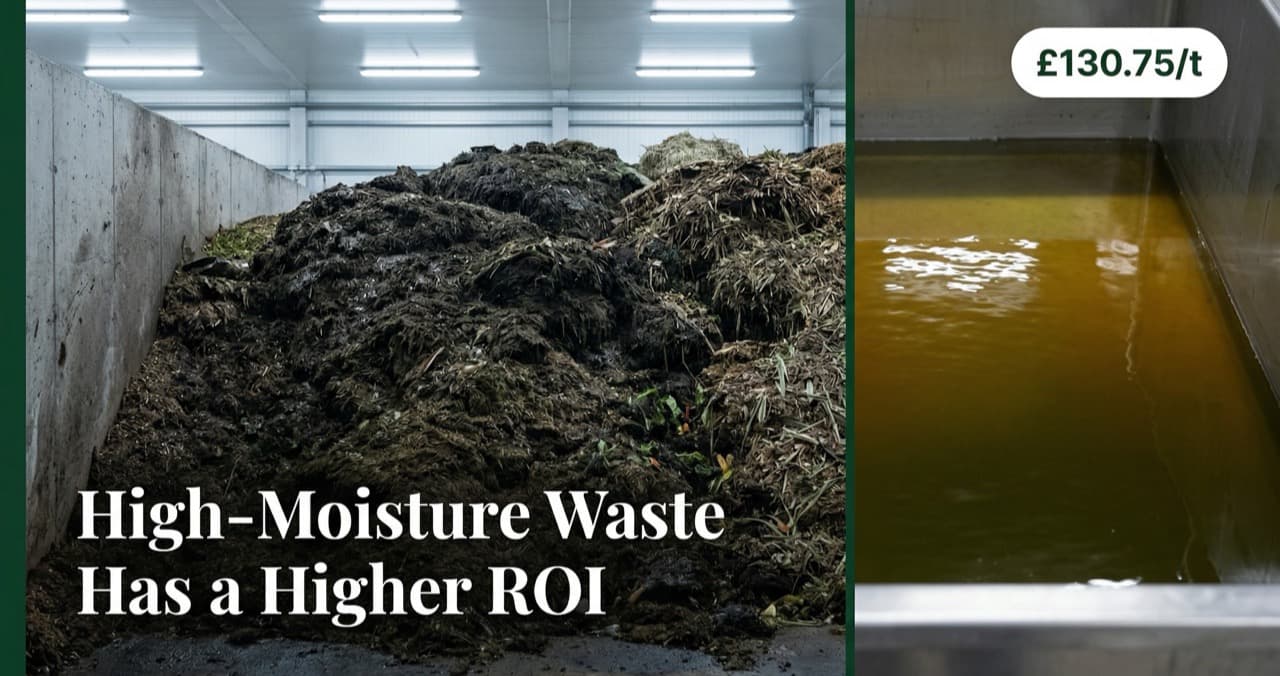 Split-field image of organic wet waste on a UK farm alongside a sample container of clear liquid sea water fertilizer hydrolysate — illustrating the conversion from disposal liability to recoverable NPK output via subcritical water hydrolysis
