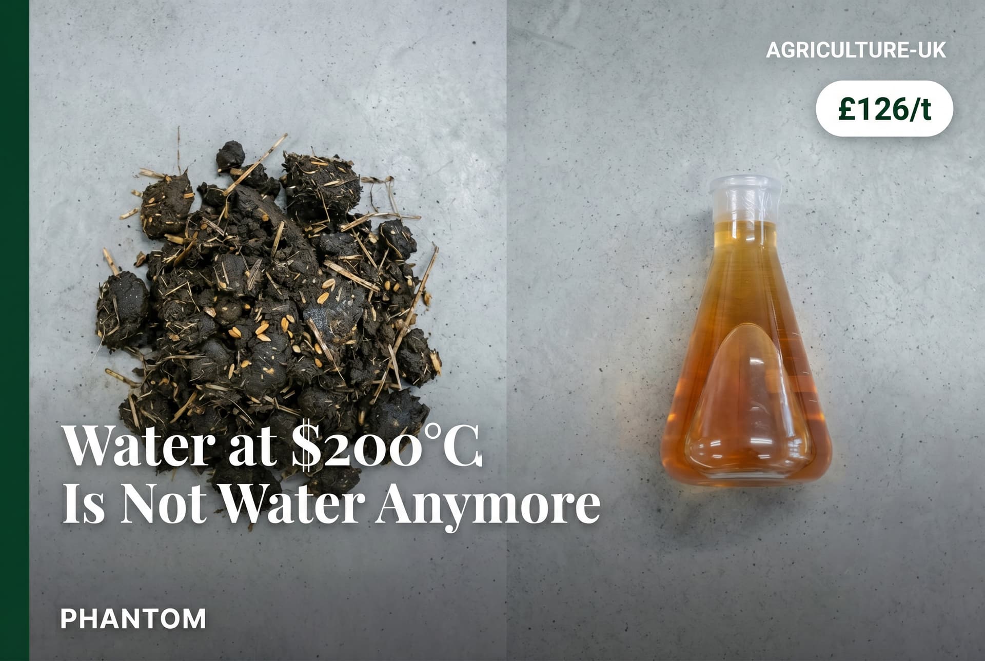 UK livestock farm showing organic wet waste alongside PHANTOM SWH liquid fertilizer output — subcritical water hydrolysis converting disposal costs to recoverable NPK