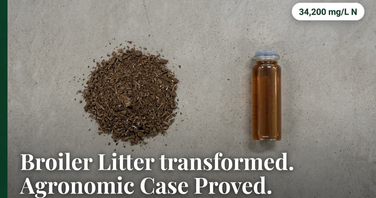 Split-field image of organic wet waste on a UK farm alongside liquid sea water fertilizer hydrolysate — illustrating the conversion from disposal liability to recoverable NPK output via subcritical water hydrolysis