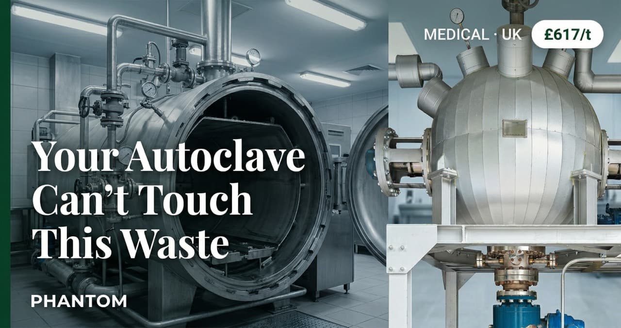 Split-field comparison showing orange clinical waste bags on a hospital trolley alongside dark sterile residue granules — illustrating the difference between autoclave sterilisation output and subcritical water hydrolysis decomposition output