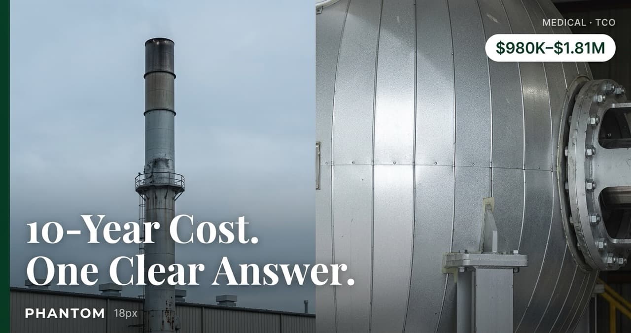 Split comparison of medical waste treatment costs — autoclave, incineration, and PHANTOM subcritical water hydrolysis 10-year total cost of ownership for UK healthcare facilities