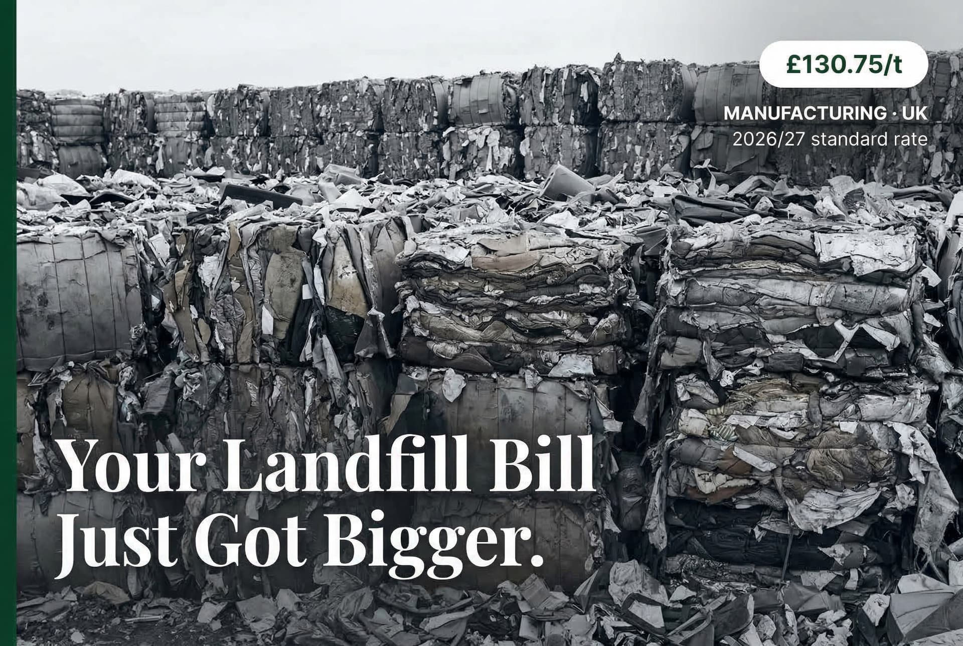 Compacted industrial waste in a UK landfill site — UK landfill tax rate reached £130.75 per tonne in 2026/27 following a 21.6% single-year increase under HMRC 2024 Autumn Budget