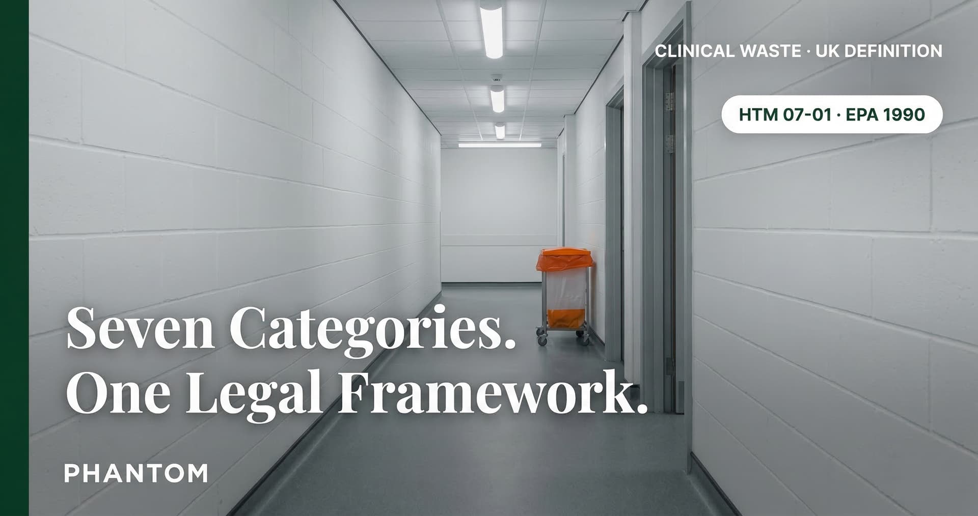 Orange and yellow clinical waste bags on NHS hospital trolley — UK clinical waste classification under HTM 07-01 requires specific segregation, packaging, and disposal routes