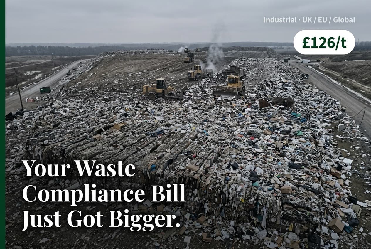 Aerial view of a large active industrial landfill site under flat overcast skies, showing compacted waste layers and heavy machinery at scale — representing the regulatory and financial liability facing industrial facilities still relying on landfill and incineration as primary waste disposal methods.