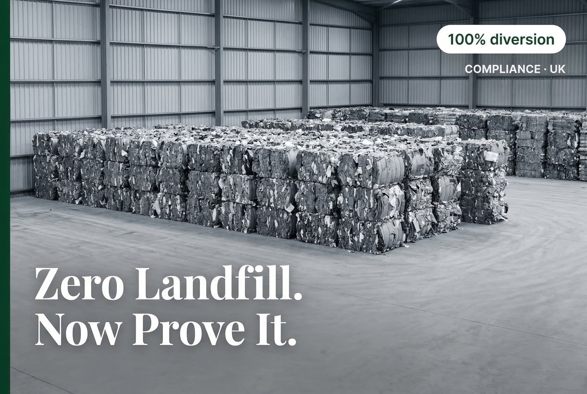 Aerial view of a UK industrial facility with zero visible landfill waste — achieving Zero Waste to Landfill certification requires verified diversion of 100% of waste from landfill disposal routes