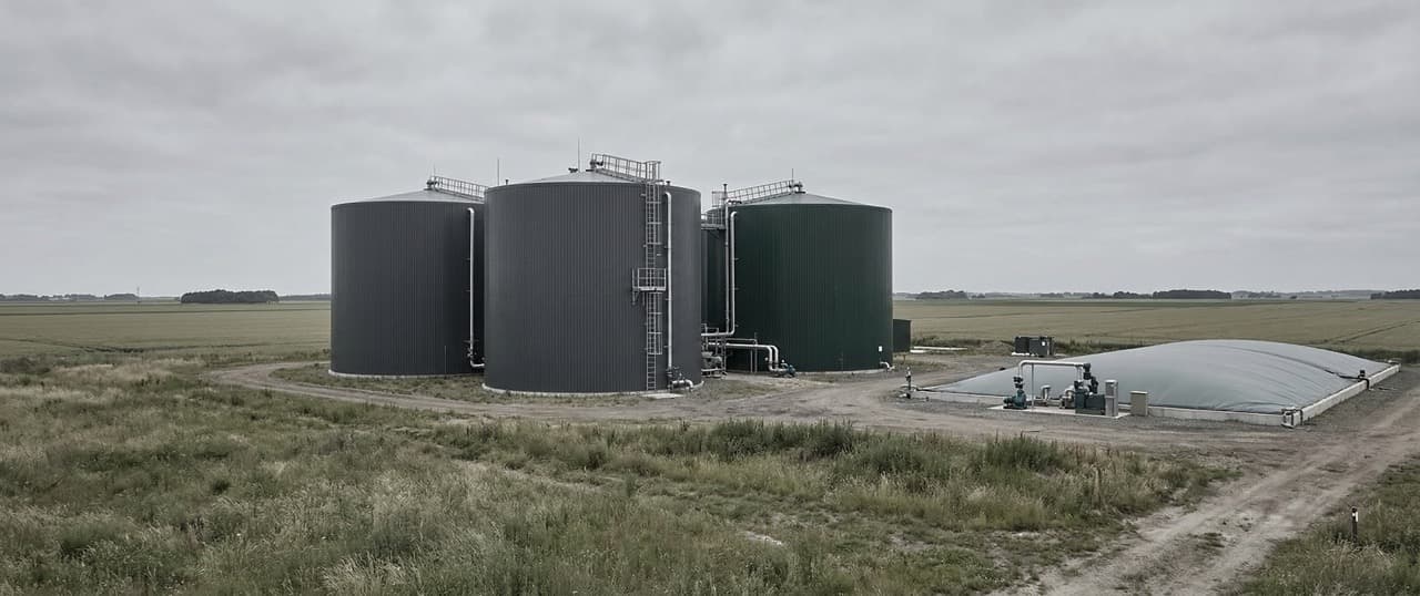 Exterior of a commercial anaerobic digestion facility with large cylindrical digestate storage tanks in an agricultural setting — representing the civil infrastructure scale and 20–40 day retention time PHANTOM replaces with a 30-minute on-site cycle