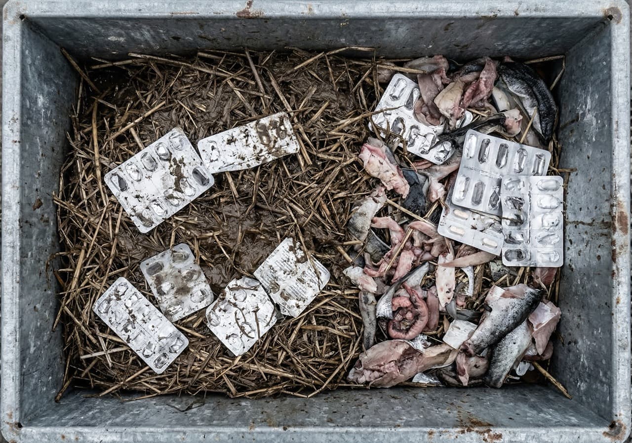 Mixed organic farm waste including slurry-coated straw and antibiotic packaging in a galvanised collection bin — contaminated mixed streams that inhibit anaerobic digestion but are fully processed by PHANTOM subcritical hydrolysis