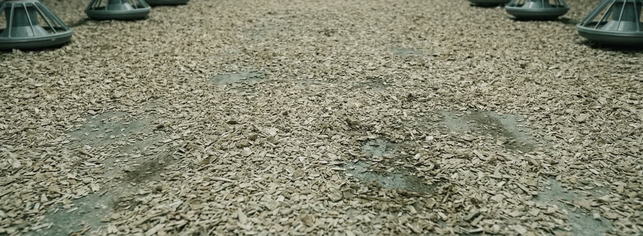 Close-up of compacted wood chip poultry litter on commercial broiler farm floor — high-ammonia poultry litter inhibits anaerobic digestion microbial communities, making it one of the waste streams PHANTOM processes that AD cannot