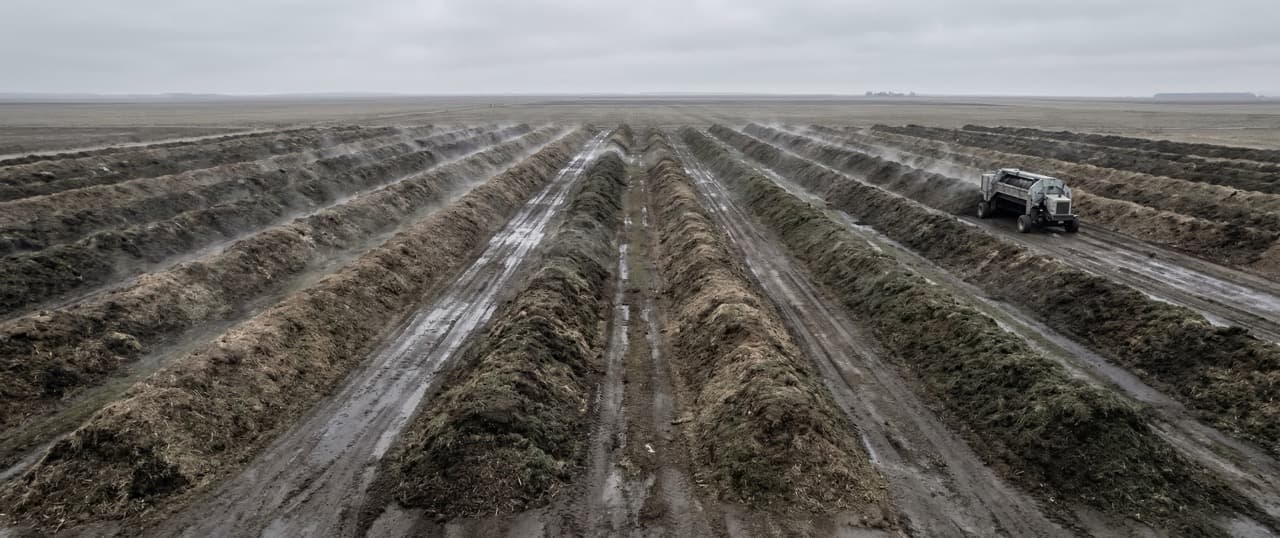 Open windrow composting facility with long parallel rows of organic material steaming in cool air — representing the 3–6 month processing time, vast land area, and odour management challenges PHANTOM eliminates with a 30-minute sealed cycle