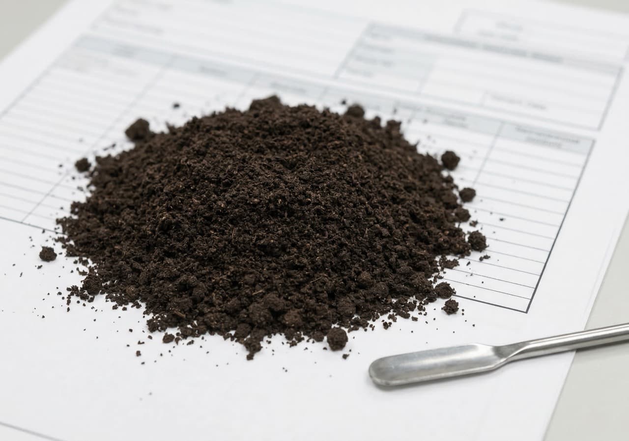 Macro close-up of dark finished compost material on a laboratory analysis sheet with metal spatula — PHANTOM output from clean organic inputs can pursue PAS 110 end-of-waste classification, unlike variable-quality open windrow compost