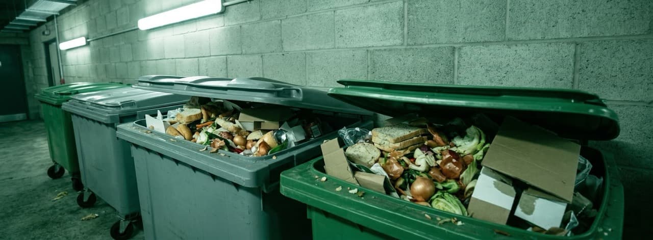 Commercial food waste bins with open lids in a hotel service corridor under harsh fluorescent lighting — the odour and logistics problem open composting creates for hospitality operators in built-up areas