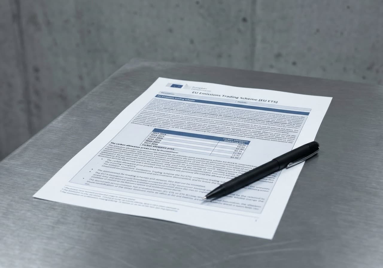 EU Emissions Trading Scheme compliance document on industrial desk — from 2028 incineration operators face direct carbon pricing on every tonne of waste combusted, a liability PHANTOM avoids entirely