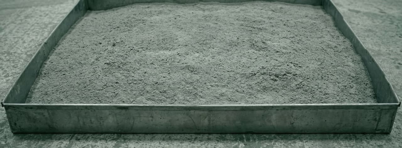 Grey industrial fly ash in a metal containment tray — hazardous incineration residue classified as special waste in the UK requiring licensed specialist landfill disposal at additional cost