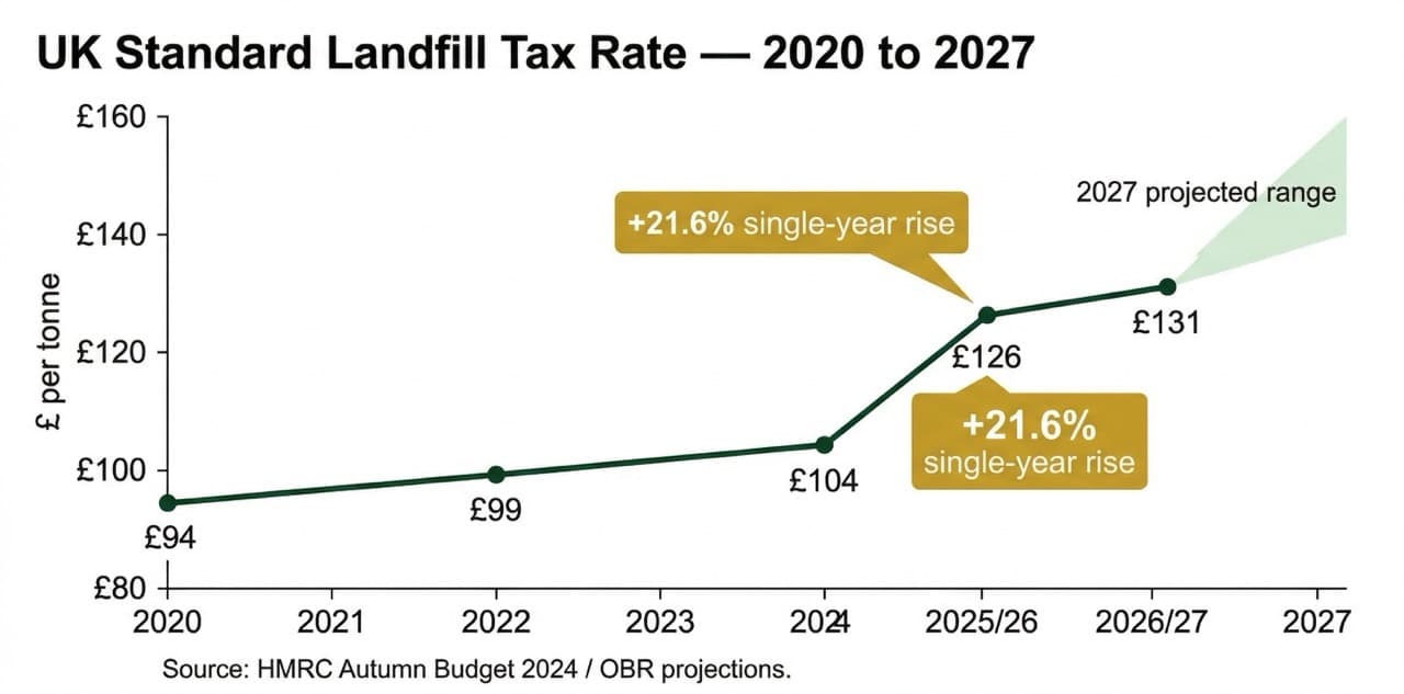Line chart of UK standard landfill tax rate from 2020 to 2027 showing a 21.6% single-year rise to £126 per tonne in 2025/26 reaching £131 in 2026/27 with projections continuing upward — the tax trajectory that makes on-site treatment the financially rational decision