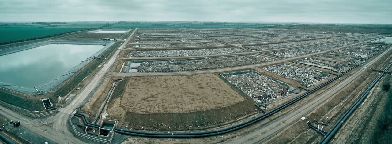 Elevated view of a large UK landfill site showing compacted waste cells and leachate management infrastructure — methane from organic landfill waste has a global warming potential 84 times that of CO₂ over 20 years, creating mandatory Scope 3 reporting obligations from 2025