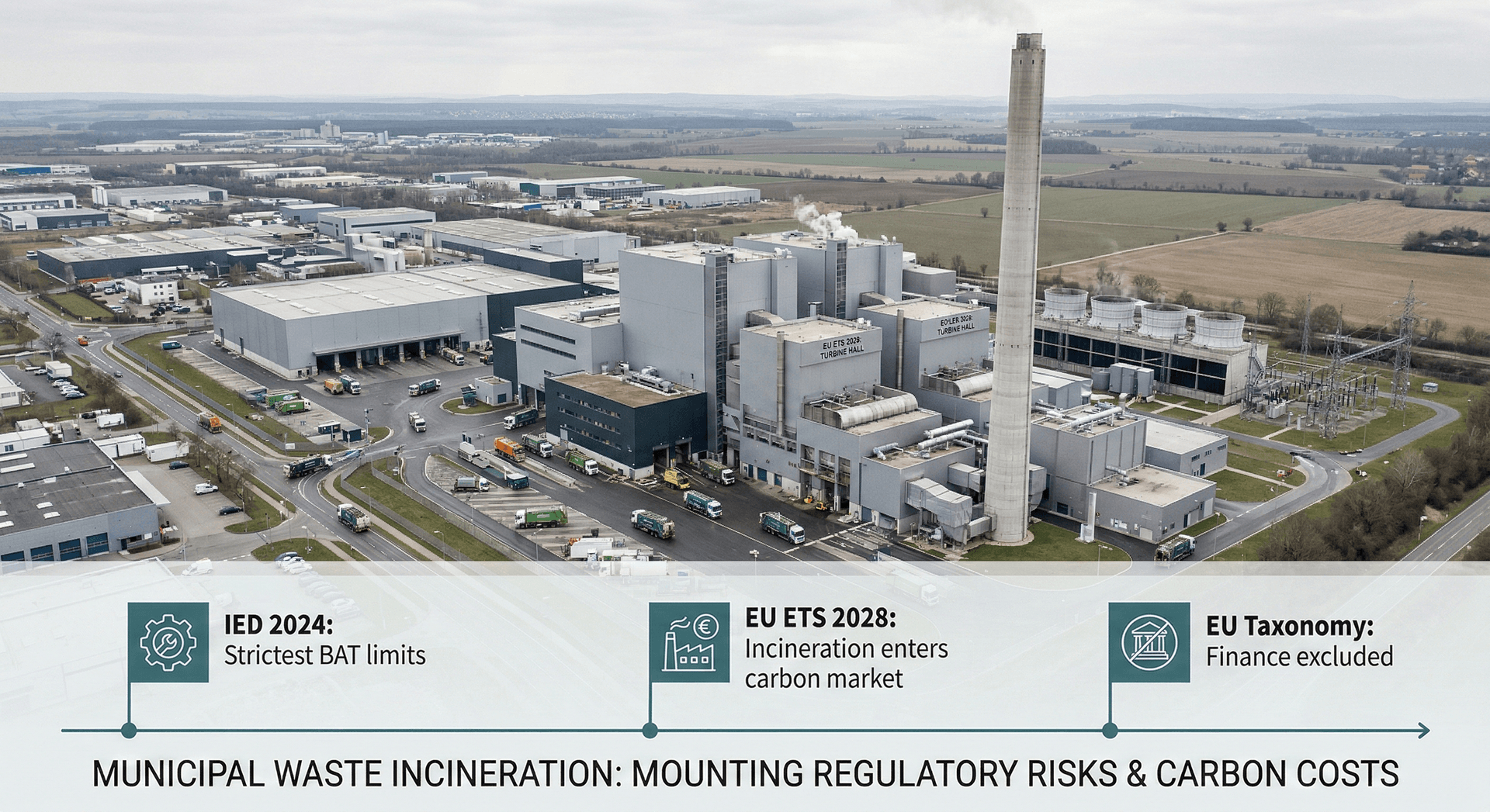 Aerial photograph of an industrial waste incineration plant with chimney stack, overlaid with a regulatory timeline showing key EU milestones: IED 2024 strictest emission limits, EU ETS inclusion of incineration in 2028, and EU Taxonomy exclusion from sustainable finance.