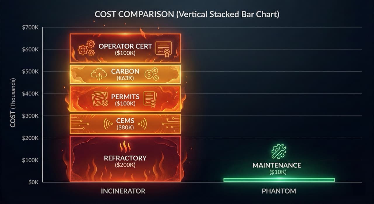 Bar chart comparing the annual hidden compliance costs of medical waste incineration versus the Phantom subcritical water hydrolysis system — refractory, CEMS, carbon, and permit cost layers