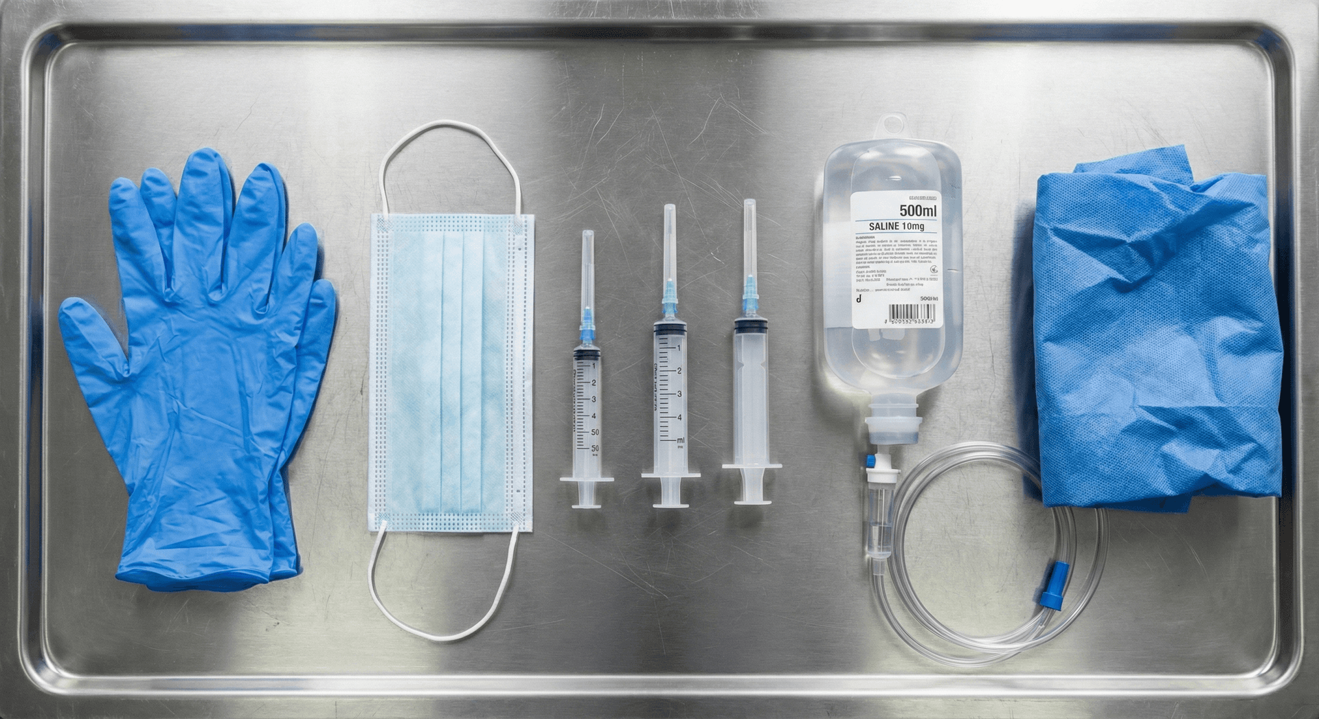 Collection of single-use medical plastics including gloves, syringes, IV bags, and surgical masks