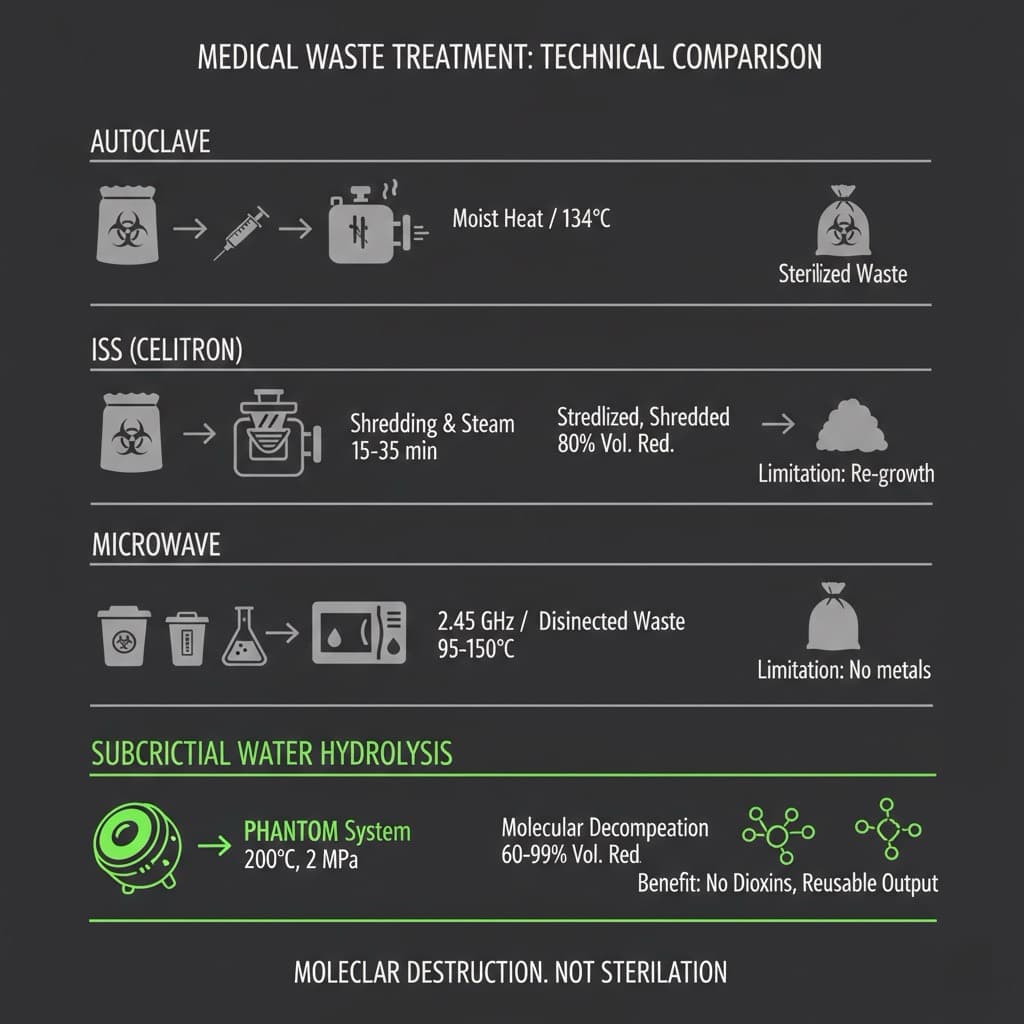 Three-panel comparison of medical waste treatment technologies: autoclave/ISS sterilisation, incineration, and Phantom subcritical water hydrolysis — key characteristics at a glance
