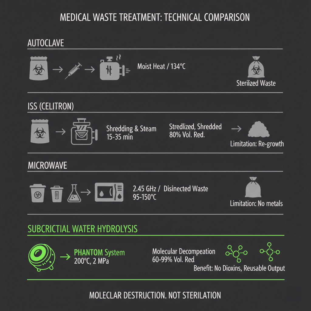 Comparison of medical waste treatment technologies: autoclave, ISS, microwave, and PHANTOM subcritical water hydrolysis process flow