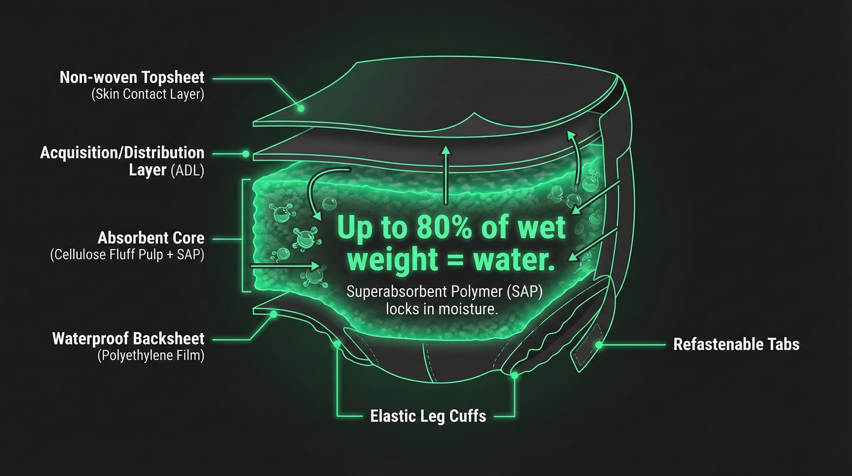 Cross-section diagram of adult incontinence brief showing that up to 80% of wet weight is water — making weight-based hauling fees a hidden tax on absorbed fluid